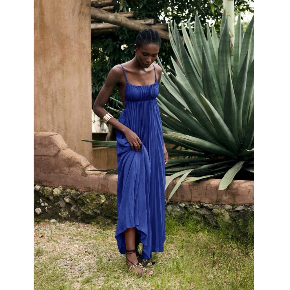 Blue Pleated Maxi Babydoll Dress Open Back Flowy Skirt Tie Straps Lined - Picture 6 of 11
